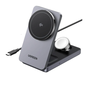 Мережевий зарядний пристрій UGREEN MagFlow Qi2 3-in-1 Wireless Charger 40W Grey